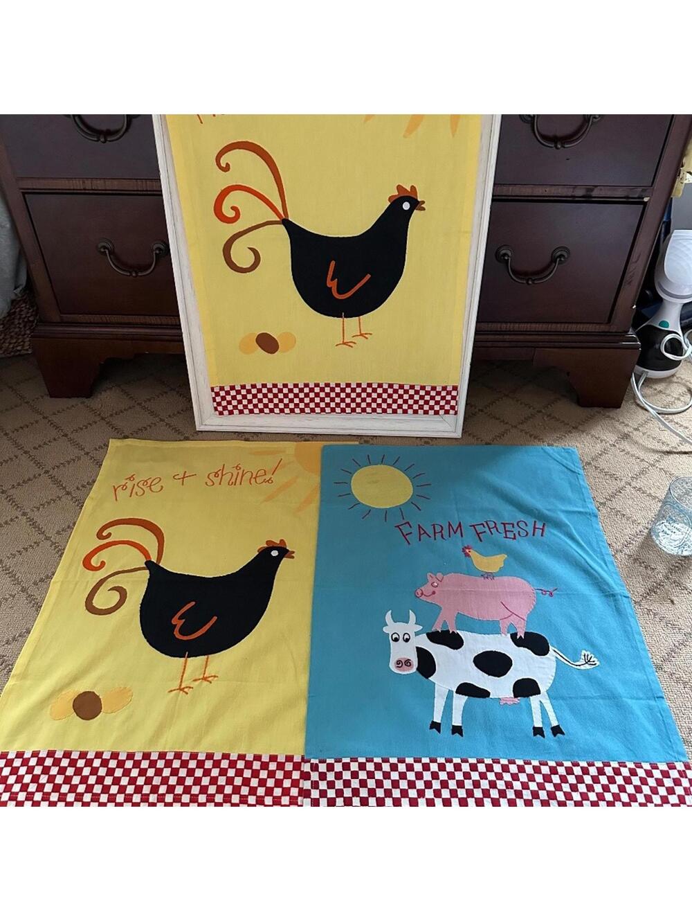 Vintage Sur La Table Embroidered Appliqué Rise and Shine Tea Towels Set of 3 NWT